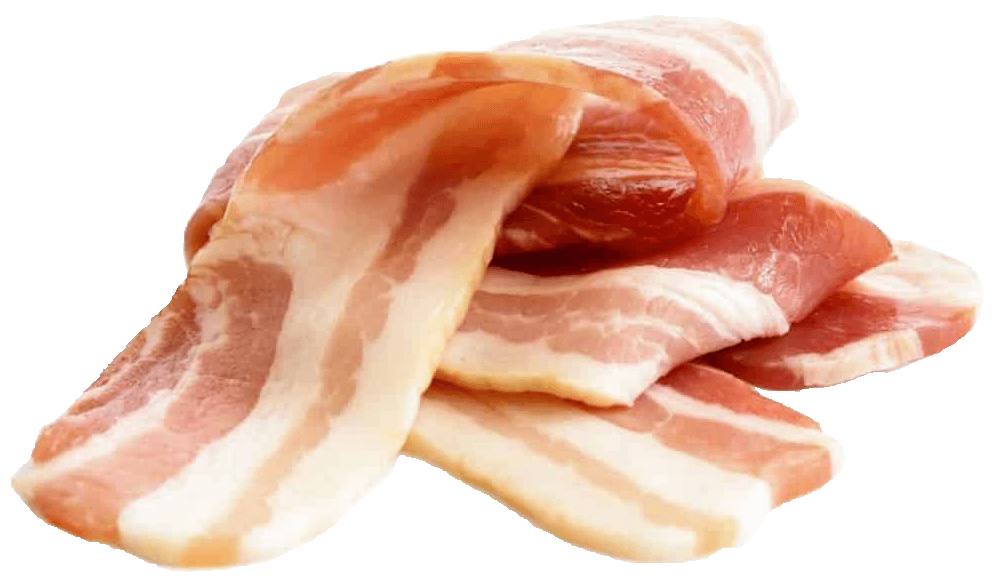 Slices of fresh uncooked bacon with a marbled texture.